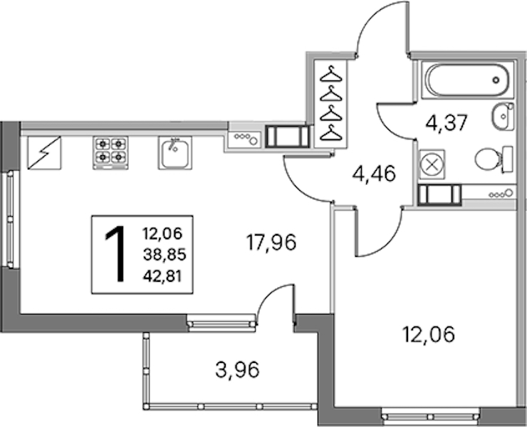 1-комнатная квартира 38.85 м², 4/5 эт., ЖК «ЮгТаун. Олимпийские кварталы»